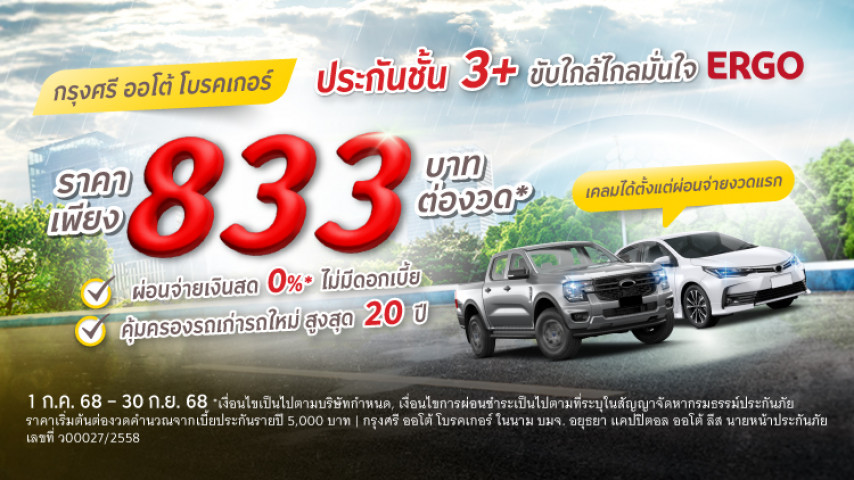 ราคาสบาย ขับใกล้ไกลมั่นใจ ประกันภัยชั้น 3+ โดยบริษัท เออร์โกประกันภัย (ประเทศไทย)  จำกัด (มหาชน)